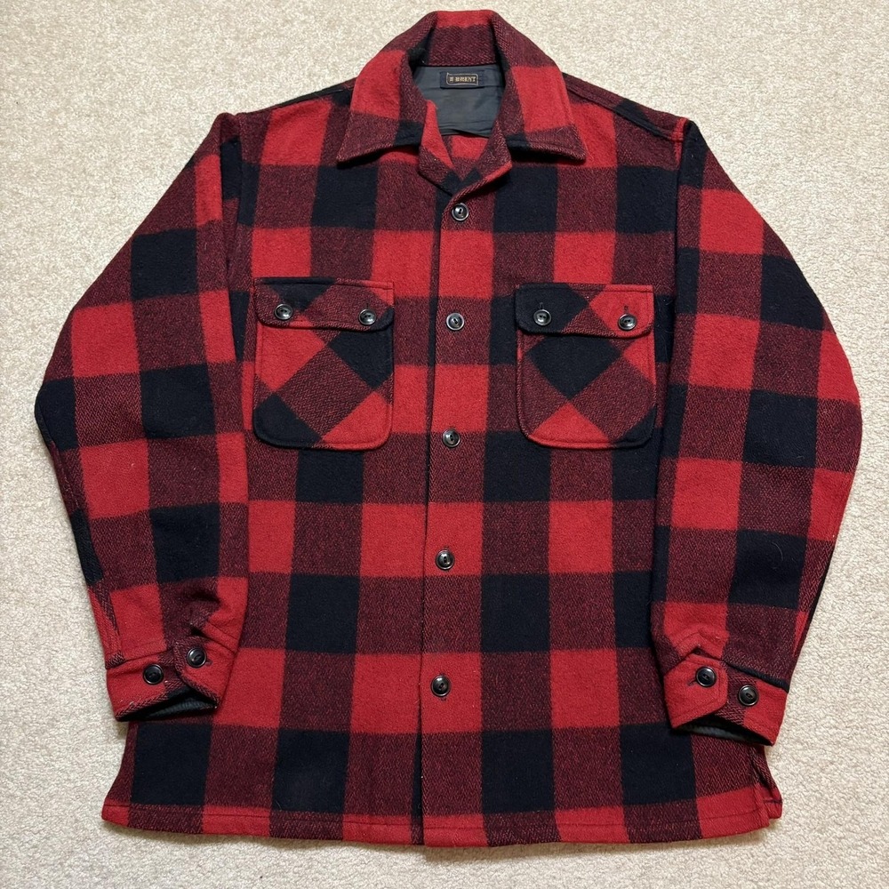 Vtg 50s Brent Wool Flannel Jacket Mens Large Red Black Buffalo Plaid MW Hunting